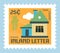 Inland letter, postmark or postcard with building