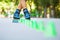 Inline roller skater on a slalom course