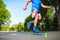 Inline roller skater on a slalom course