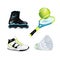 Inline skate, sport shoe and tennis racket