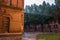 The inner courtyard of the Church of Three Saints in the rays of the morning sun. Architecture University of Chernivtsi