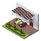 Inner courtyard isometric composition with patio. House with private terrace with covering from above. Covered veranda