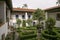 Inner courtyard of Sanctuary Caraca with plant beds and trees, Minas Gerais, Brazil