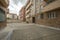 Inner courtyard of urbanization with urban housing buildings on a day with rain clouds