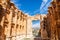 Inner yard of Ancient Roman temple of Bacchus with blue sky in the background, Bekaa Valley, Baalbek, Lebanon