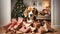 Innocent Beagle with Damaged Gifts and Christmas Tree