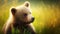 Innocent Wonder: A Majestic Baby Bear Basking in the Summer Grass. Generative AI