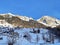 Innocently clear white snow on alpine peaks Schofwisspitz, Schwarzchopf and Stoss in Alpstein mountain range and in Appenzell Alps