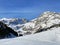 Innocently clear white snow on alpine peaks Schofwisspitz, Schwarzchopf and Stoss in Alpstein mountain range and in Appenzell Alps