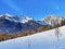 Innocently clear white snow on alpine peaks Schofwisspitz, Schwarzchopf and Stoss in Alpstein mountain range and in Appenzell Alps