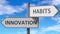 Innovation and habits as a choice - pictured as words Innovation, habits on road signs to show that when a person makes decision