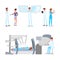 Innovations in medicine vector illustrations set. Modern hospital staff, doctors and patients characters. High tech