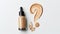 innovative concept with makeup liquid foundation cream and bottle forming a question mark on white background