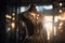 An innovative and elegant dress in a steampunk look on a Mannequin with soft bokeh lights created with generative AI technology