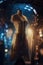 An innovative and elegant dress in a steampunk look on a Mannequin with soft bokeh lights created with generative AI technology