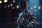 An innovative and elegant modern dress made of electronics on a AI robot with soft bokeh lights created with generative AI