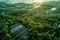 An innovative green energy installation featuring solar panels, wind turbines, and battery storage systems, aerial view