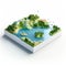 Innovative Isometric Landscape: A Playful And Detailed Depiction Of A Crescent Lake And Forest