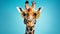 Innovative Retro Glamor: Giraffe Wearing Glasses On Blue Background