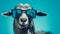 Innovative Retro Glamor: Glass Goat With Sunglasses On Blue Background