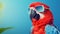 Innovative Retro Glamor: Red Parrot With Sunglasses On Blue Background