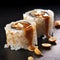 Innovative Sushi Rolls With Chocolate Sauce And Peanuts