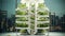 Innovative vertical farm with LED grow lights, showcasing sustainable agriculture and urban farming revolution.
