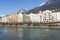 Innsbruck, Tyrol, Austria. Colored houses on the Inn River in Innsbruck. Colored houses in Innsbruck