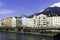 Innsbruck, Tyrol, Austria. Colored houses on the Inn River in Innsbruck. Colored houses in Innsbruck