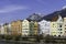 Innsbruck, Tyrol, Austria. Colored houses on the Inn River in Innsbruck. Colored houses in Innsbruck