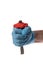 Inox chisel with red rubber protective grip held by a man with blue glove, isolated on white