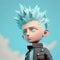 inquisitive boy with a messy mohawk, wearing a sky blue shirt and black jeans, looking up at the sky digital character