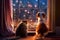 Inquisitive Companions: Dog and Cat Watching the Fire from the Window (AI Generated)