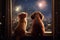 Inquisitive Companions: Dog and Cat Watching the Fire from the Window (AI Generated)