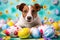 An inquisitive Jack Russell Terrier peers through a vibrant collection of Easter eggs, his expression full of curiosity