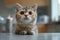 Inquisitive kitten with big eyes on a sleek kitchen counter.