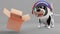 Inquisitive puppy dog in spacesuit finds an empty cardboard box, 3d illustration