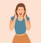 Insane or annoyed woman shouting with open mouth and closed eyes. Vector illustration