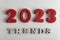 Inscription 2023 Trends on white background. Popular destinations in 2023