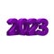 Inscription 2023. Volumetric purple plastic numbers on a white background. 3d render