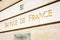 The inscription Banque de France carved in golden letters in the stone facade