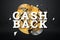 Inscription Cash Back, emblem image on a dark background. Business concept, money back, finances, customer focus. White, gold