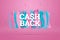 Inscription Cash Back, emblem image on pink background. Business concept, money back, finances, customer focus. White, pink, blue