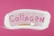 Inscription Collagen and Collagen powder on golden spoon. Extra protein intake. Natural beauty and health supplement for skin,