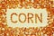 Inscription of corn seeds on white background.