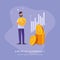 the inscription CRYPTO CURRENCY against the background of an illustration of a guy hugging a coin standing next to a