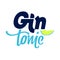 Inscription Gin Tonic, lime slice. Modern hand-drawn lettering for alcohol cocktail. Handwritten calligraphy label for