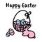 Inscription Happy easter. Easter eggs in a basket, rabbit. Doodle elements