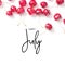 Inscription Happy July. Creative fresh cherry pattern background.