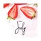 Inscription Happy July. Creative fresh strawberries pattern background.